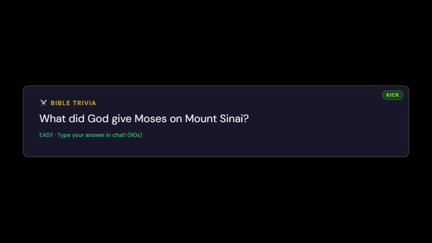 Bible trivia running in chat with the leaderboard on the stream overlay