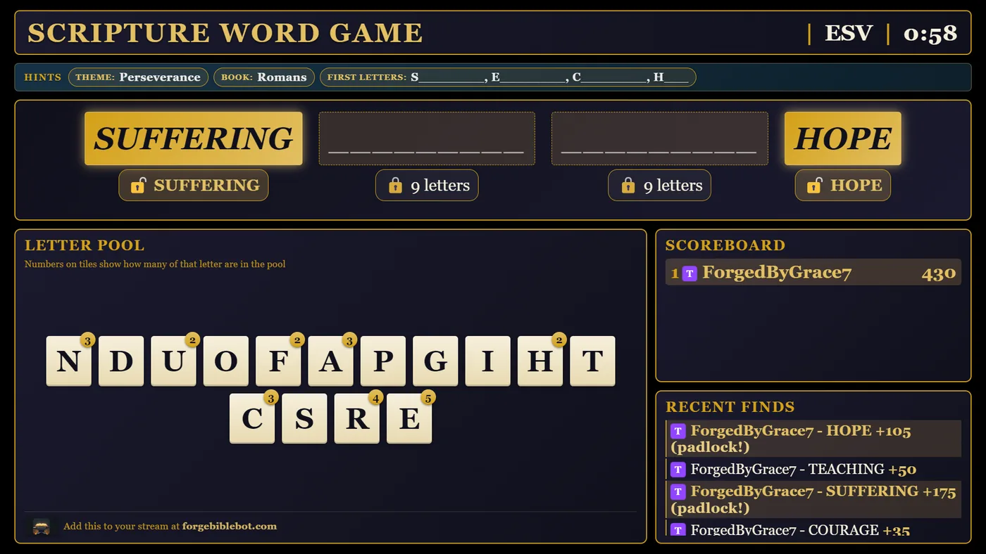 The Scripture word game displayed on a stream overlay